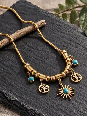 Sunburst Tree of Life Turquoise Charm Necklace 18K Gold Plated Stainless 15.5" L